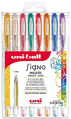 uni-ball Mitsubishi Pencil - 8 Stylos Rollers Encre Gel Signo - Couleurs Pailletées - Pointe 1 mm - Écriture Large - Rollers Créatifs pour Carterie et Loisirs Créatifs