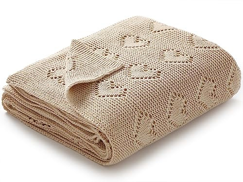 mimixiong Babydecke aus 100% Baumwolle - kuschelige Strickdecke ideal als Neugeborene, 100 x 80 cm (Beige)
