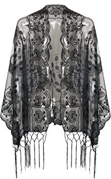 Coucoland 1920s Stola Damen Pfau Muster Retro Schal Umschlagtücher für Abendkleid Vintage Hochzeit Damen Schulter Bedeckung 20er Jahre Stil Gatsby Kostüm Accessoires (Schwarz)