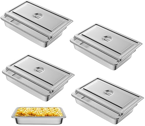 Hotel Pan, Full Size Steam Table Pan 4 Deep Stainless Steam Table Pan with Lid Full Size Food Pan 20.8 L x 13 W Anti Jam Stainless Steel Buffet Pan Commercial Stainless Steel Pan (4 Pack)