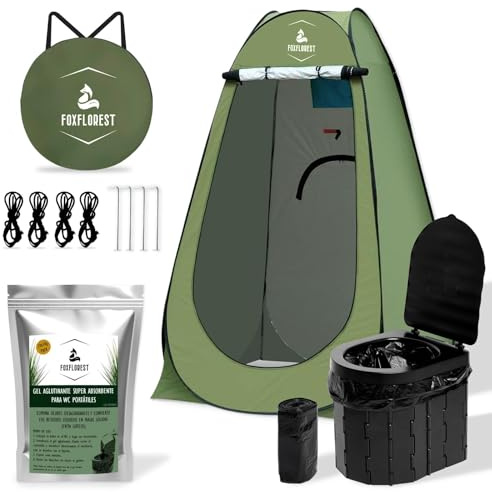 FOXFLOREST Kit WC portable pour adultes et enfants avec tente de douche à langer, WC portable et gel liant super absorbant pour les déchets. Idéal pour les festivals.