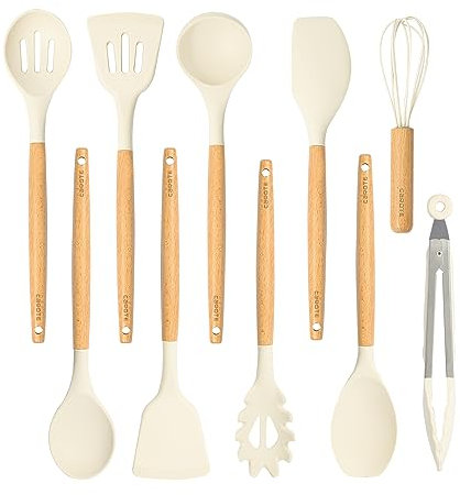 CAROTE Utensili Cucina Silicone 10 pezzi, Utensili da cucina antiaderenti resistenti al calore con manico,Cucchiai, palette e spatole in legno per cucinare,cuocere al forno, senza BPA, Lavastoviglie