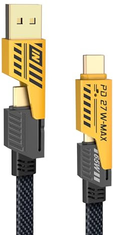 YISH Multi Cavo di Ricarica 4 in 1：[1.8M] Nylon Universale Multiplo USB Cavetto con USB A/USB Tipo C a 65W USB C+ 27W PD Cavo Dati Filo Caricatore Compatibile con iPhone Samsung Huawei MacBook iPad