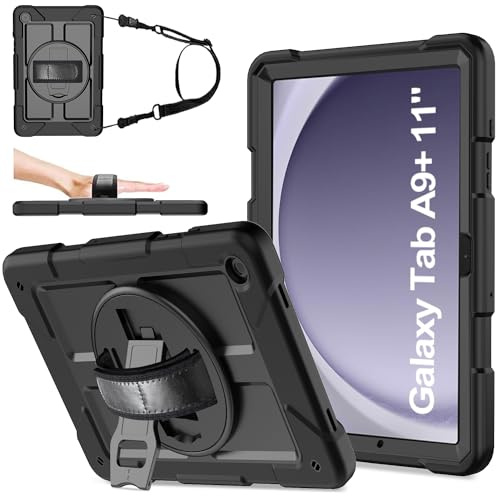 TOPWANT Case for Samsung Galaxy Tab A9 Plus 11 Inch 2023, Black | Heavy Duty Shockproof Case(SM-X210/X216/X218) with 360° Rotating Stand, Hand Strap, Shoulder Strap