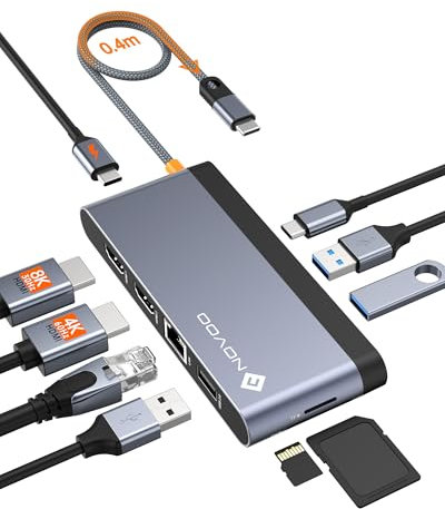 Docking Station USB C, NOVOO Adaptador multipuerto Tipo C 10 en 1 con HDMI 4K Dual, Adaptador USB C a USB, Gigabit Ethernet, 100W PD, USB 3.0, Lector de Tarjetas SD/TF per MacBook/DELL/HP/Lenovo