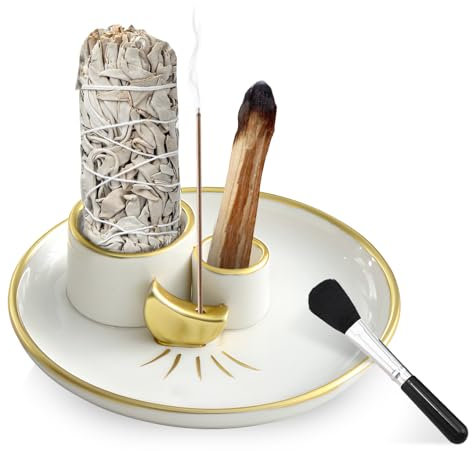 4 in 1 Moon Design Räucherstäbchenhalter Keramik Räucherschale, weißer Salbeihalter Räucherteller, Palo Santo Halter mit Ascheauffangplatte,Multi-functional Incense Burner Holder Meditation Zubehör