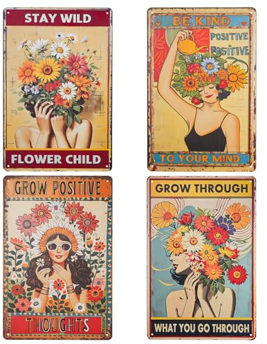 4 carteles de chapa retro, vintage, diseño de girasoles, 20 x 30 cm, decoración de pared de metal para cocina, jardín y cafetería (cartel de hierro retro, estilo granja, mural con marco de metal)
