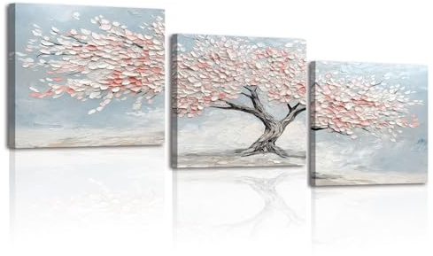 Piy Painting Pintura Sobre Lienzo De Árboles, Arte Mural En Lienzo Rosa, Impresión En Lienzo Acuarela, Fácil De Colgar Para Dormitorio Salón Despacho Baño Entrada, Set De 3, 30x30cm (90x30cm)