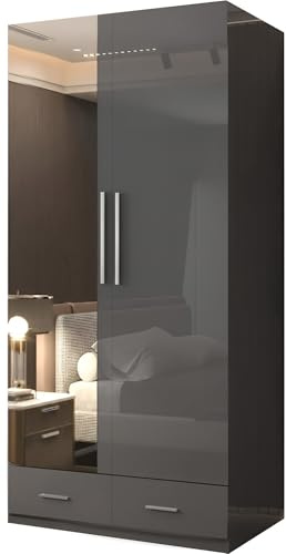 High Gloss 2 Door Hinged Wardrobe with Mirror, Drawers, Shelves & Hanging Rail – Freestanding Bedroom Storage – 80cm / 90cm – White, Black or Grey (Grey, 90cm)