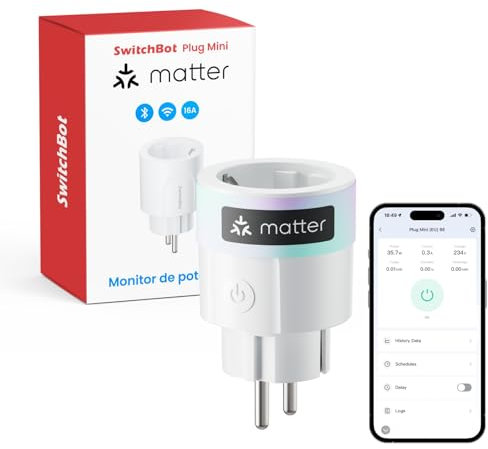 SwitchBot Plug Mini Matter-fähig mit Leistungsüberwachung, WLAN & Bluetooth, kompatibel mit Alexa, Google Home, Apple Home und Home Assistant (via Matter), Sprachsteuerung, Fernzugriff, 16A Type-F
