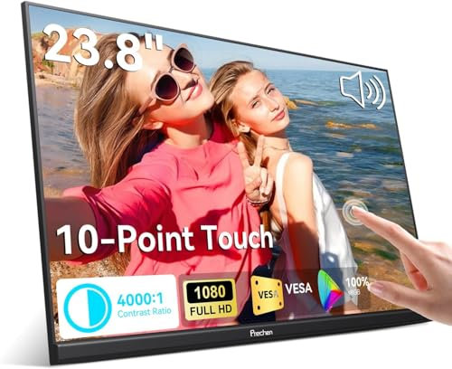 23.8 Large Portable Touchscreen Monitor 100% sRGB VA FHD 1080P, 4000:1 Contrast, VESA, Built-in Speaker, W/90°Adjustable Stand USB-C HDMI 75Hz External Touch Screen Display for Laptop/PC/Phone