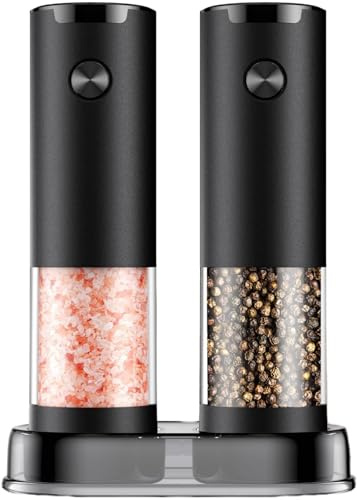 Electric Salt and Pepper Grinder Set - Battery Operated Spice Mills with Adjustable Coarseness, LED Light, Automatic Spice Grinder for Kitchen Appliance, with Cleaning Brush and Stand, Home Cooking