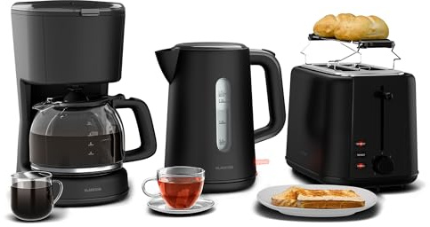 Klarstein Velaire Set per la Colazione Completo – Tostapane 2 Fette 7 Livelli, Bollitore Elettrico 1,7L, Macchina da Caffè con Filtro 10 Tazze, Design Moderno, Supporto Panini