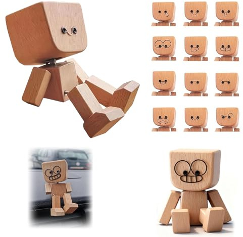 lioewhu Figura de Madera Oscilante para Coche con 12 Caras Intercambiables, Muñeco de Madera con Pies Móviles, Divertido Muñeco Cabezudo como Accesorio Decorativo para Casa o Automóvil