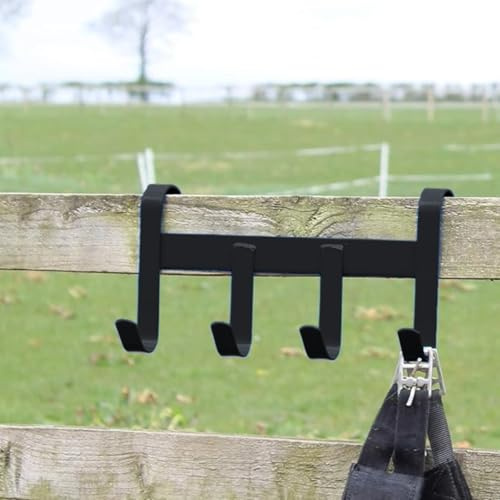 4-Hook Horse Tack Hanger, Black Metal Over-Door Organizer for Equestrian Bridles, Head Collars and Lead Ropes, Fence and Gate Mounting
