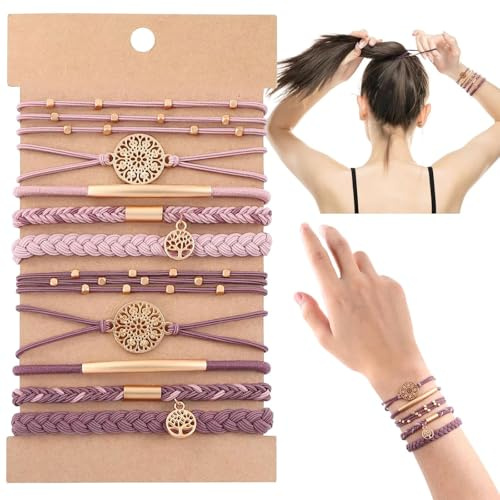 Muorruo 10-Piece Hair Elastics/Wristbands for Women, 5 Styles, Soft Braided Boho Hair Bands, Elastic, Hair-friendly for Girls, Suitable for Thick, Thin, Long and Curly Hair (Pink)