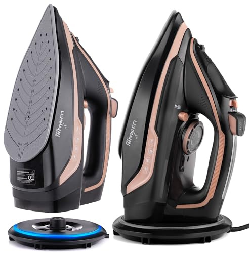 LEHMANN Plancha de vapor inalámbrica con base de carga, plancha inalámbrica de vapor con control de temperatura y 5 programas de planchado, suela de cerámica, vapor vertical, apagado automático, negro