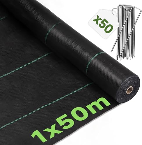 LCGOD Telo Pacciamatura Anti Erbacce 1x50m con 50 Picchetti, 90g/m² Tessuto in PP per Orto e Giardino, Permeabile, Resistente ai Raggi UV, Nero