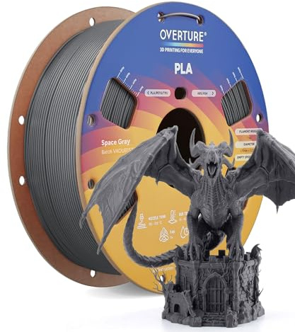 OVERTURE Filamento PLA 1.75mm, 1kg Bobina(2.2lbs), Precisione Dimensionale +/- 0.02 mm, per Stampante 3D (Spazio Grigio)