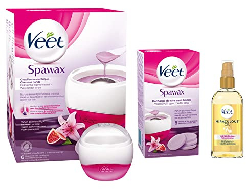 VEET - Kit Epilation - Chauffe Cire Spa Wax - Recharges de 12 Disques de Cire Chaude - une Huile Miraculeuse A Base d'Huiles 100% d'Origine Naturelle