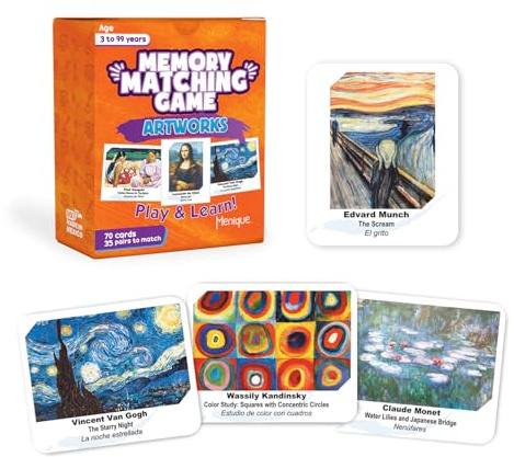 Menique Memory Matching Game – Famous Paintings for Adults & Kids – 70 Cards (35 Pairs) – Bilingual Art Game – Educational & Concentration Activity
