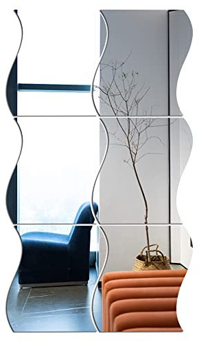 JAWSEU Confezione da 6 specchi decorativi, piastrelle a specchio a forma di onda, piastrelle a specchio autoadesive, specchi decorativi per la decorazione murale fai da te, arredamento soggiorno