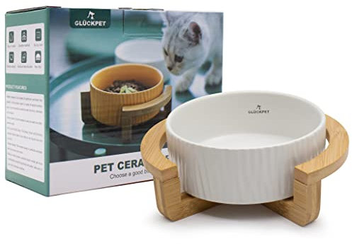 Ciotola in Ceramica per Gatti, Supporto in Bambù, 400ml, Bianco