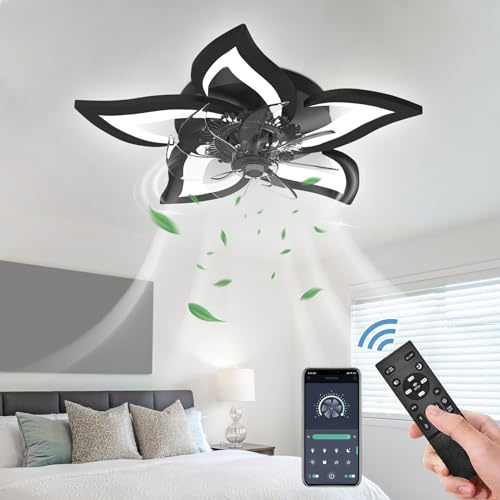 GooComfy Dimmable Ceiling Fan with Light and Remote Control, 27 Small Flush Mounted Ceiling Fan with Led Lights, APP and Remote Controlled, Modern, Black, Upgraded