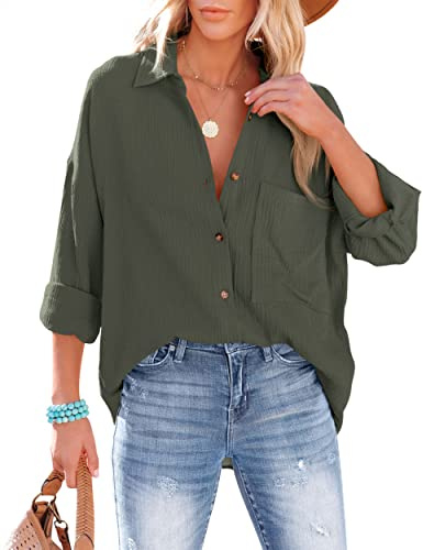 NONSAR Blusa de mujer informal, con cuello de pico, 100 % algodón, corte holgado, color liso, gruesa, elegante, con bolsillo, Verde militar., M