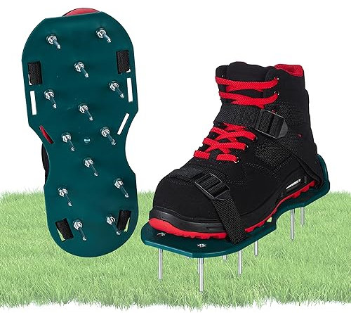 Relaxdays Rasenlüfter Schuhe Zapatos Aireadores de Césped Clavos, Escarificador de Jardín con Correa Ajustable, 13,5 x 30 cm, Verde, Acero
