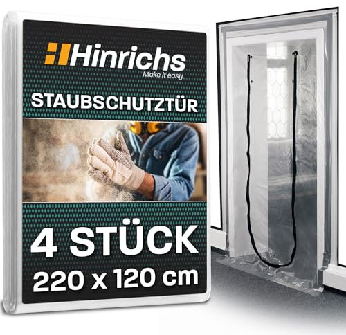 Hinrichs 4x Staubschutztür mit Reißverschluss - 220x120cm - Bautür transparent - Folientür mit Reißverschluss Abdeckfolie Maler - Staubschutz & Schmutzschleuse - reisßfeste Baustellentür