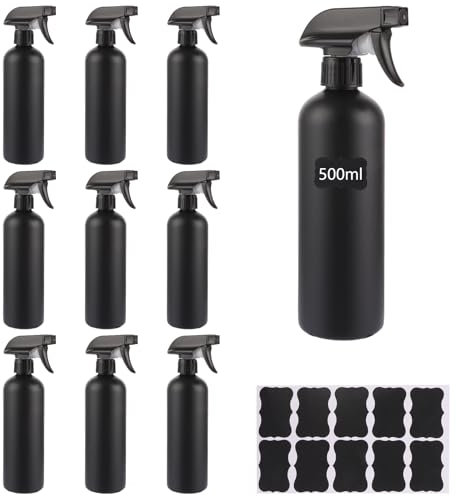 FWEEK 10 botellas pulverizadoras de 500 ml, de plástico negro, botellas de spray vacías para plantas, botellas de spray vacías con etiqueta para cabello, limpieza, jardinería