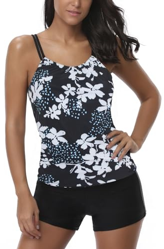 AYEEBOOY Ensembles Tankini pour Femmes Contrôle du Ventre Taille Haute Maillot de Bain avec Shorty Grande Taille Maillot de Bain Floral Style Licou, L