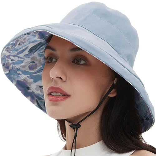 Sombreros de sol 100% algodón para mujer, de ala ancha, para jardinería, viajes, protección solar, plegable, para playa, ala plegable, Azul+flor, 5