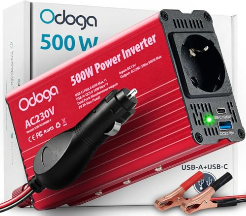 Odoga Wechselrichter 12V auf 230V – 500W Spannungswandler, Stromwandler mit 3A USB-A & USB-C Anschlüsse, Inverter 12V 220V, Auto Steckdose – Laden Sie Ihr Laptop, iPad, iPhone, Tablet Und Mehr