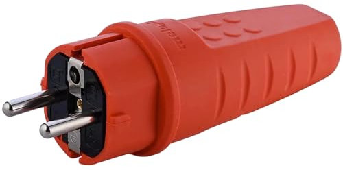 Gummistecker Außenbereich, 230V, 16A, IP44, Stormkabel bis max. 2,5mm², Bruchfest Stecker, Wasserdicht Stecker, Schutzkontakt Stecker mit Knickschutztülle, Zugentlastung (Orange)