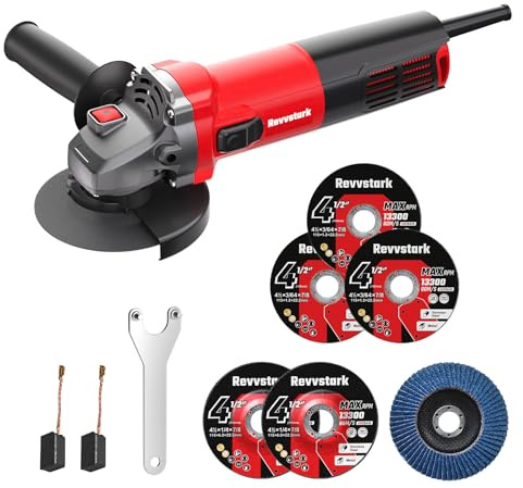 Revvstark Angle Grinder, 7.5-Amp 4 1/2 inch Electric Grinder Power Tools 12000 RPM with Cutting and Grinding Wheels, Flap Disc and Auxiliary Handle for Cutting, Grinding, Polishing, M14 Thread