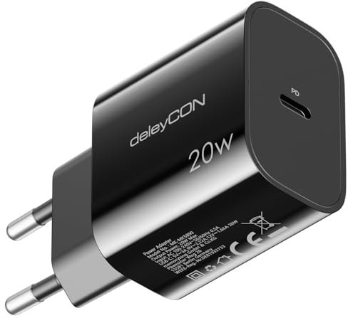 deleyCON USB C-Laddare (Snabbladdare) USB-C-Strömförsörjning för iPhone 17 16, 15, Pro, Pro Max, IPad, AirPods 4, Airpods Max, Watch, Galaxy S25/S24/S23, Pixel, Mobiltelefon, PD 3.0-Laddare - Svart