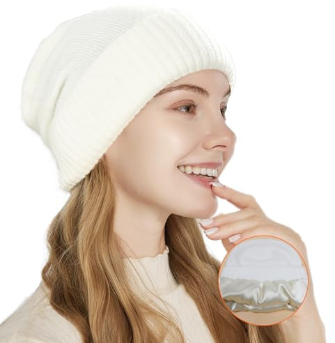 Cashmere Blend Satin Lined Beanie Hat Wool Winter Hats for Women Men Cuffed Hat Silk Lining Slouchy Beanie Women Knit Hat (Snow White)