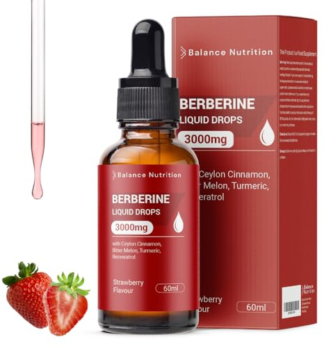Berberine Supplement 3000mg with Ceylon Cinnamon, Blood Sugar Support & Glucose Balance, with Bitter Melon & Turmeric, Metabolic Health, High Strength Berberine Liquid Drops, 60ml, Strawberry Flavour