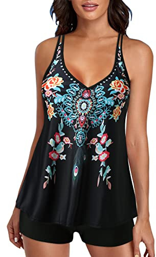 Costume Tankini Donna Mare Curvy Contenitivo Costume Piscina Due Pezzi Sportivo Push Up Canotta con Pantaloncino Tankini Set Sexy Costumi Mare da Bagno Controllo della Pancia Elegante Stampa Firmati