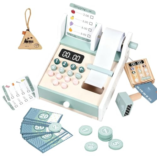Benhurb Wooden Toys Cash Register with Scanner Calculator Till Toy for Kids, Pretend Play Shop Toys, Role Play Toys Shopping Playset, Educational Learning Brithday Gift for Boys and Girls Age 3+