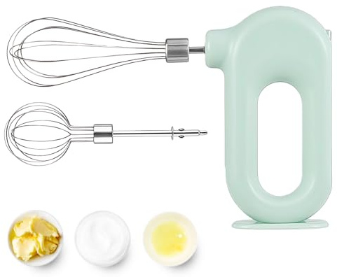 GOEDCH Frullatore a mano elettrico: verde potente frullatore manuale con 4 livelli, mixer a mano senza fili con 2 scope basculanti in acciaio inox, frusta elettrica senza fili per cuocere torte, uova