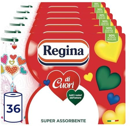Regina Di Cuori Carta Cucina, 36 Rotoli a 2 Veli, 50 Fogli Per Rotolo, Grande Assorbenza, Spessa e Resistente, Carta 100% Certificata FSC