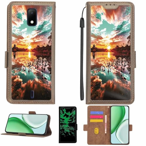 Aroepurt fodral kompatibelt med cricket debut telefonfodral flipskydd [med härdat glas skärmskydd] [RFID-blockering] [ljuseffekt] LPT-FJ