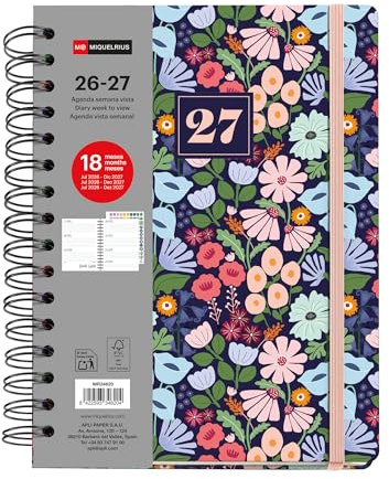 Miquelrius Bloom Agenda scolaire semainier 18 mois 2026/2027 Format A5+ | 18 mois, 15,5 x 21,3 cm, double poche intérieure, marque-page et autocollants, espagnol EN-PT