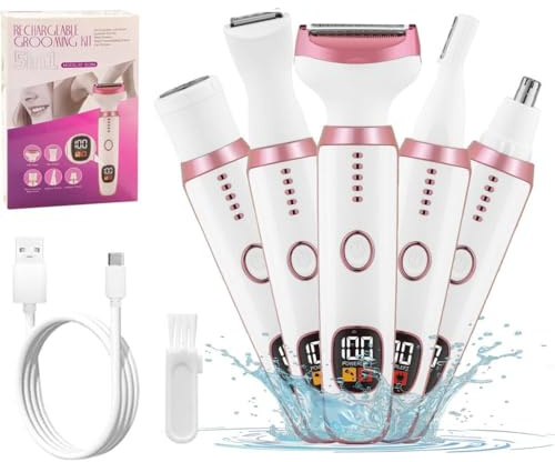 Depiladora Facial Mujer, YiYunTE 5 en 1 Rasuradora Zona Intima Mujer, Recargable Afeitadora Electrica Corporal con Húmedo y Seco/pantalla LCD, Maquina Depilar Depiladora Intima para Bikini Nariz Cejas