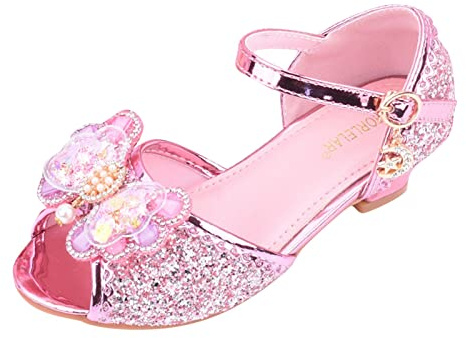 Prinsessa glitter skor flickor: Klackskor öppna högklackade skor med rosett partyskor paljetter klädskor cosplay skor bröllop balettskor ankelremmar sandaler