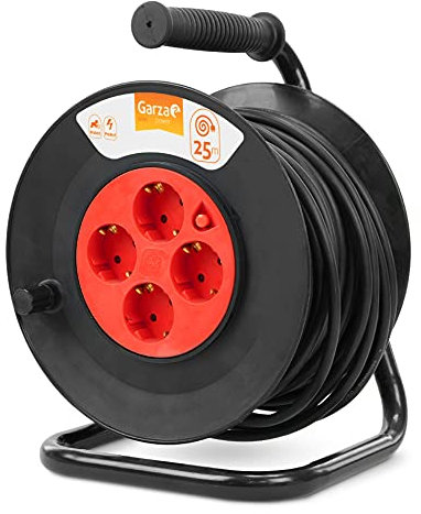 Garza Power - Enrollacables Brico de 25 metros , 4 tomas Schuko, Negro / Rojo