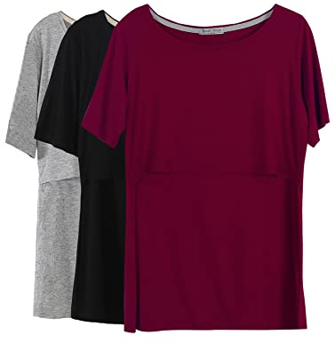 Smallshow kvinnors sjuksköterska toppar kortärmade skikt design amning skjortor,Black/Grey/Wine,S